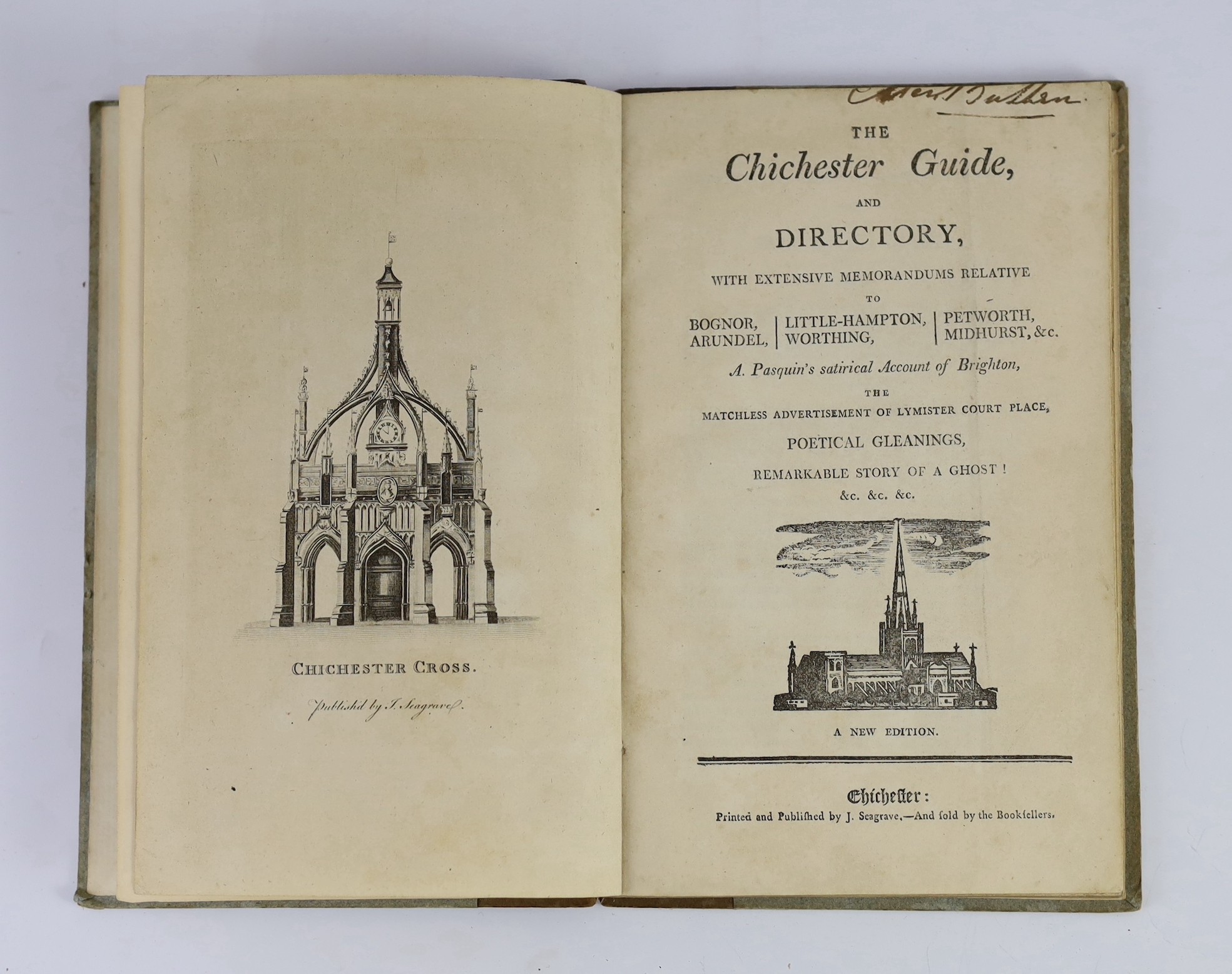 CHICHESTER: The Chichester Guide and Directory, with extensive memorandums relative to Bognor, Littlehampton, Petworth ... new edition. frontis and pictorial title vignette; old paper boards, sm.8vo. Chichester: printed